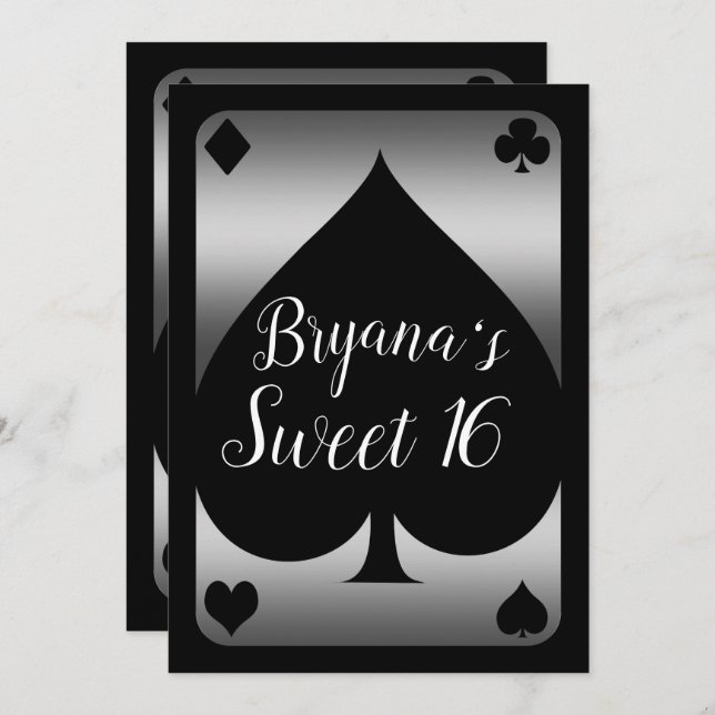 Silver & Black Spade Glam Casino Sweet 16 Party Invitation (Front/Back)