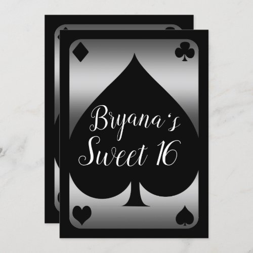 Silver  Black Spade Glam Casino Sweet 16 Party Invitation