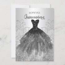 Silver Black Sparkle Dress Quinceañera Quince Invitation