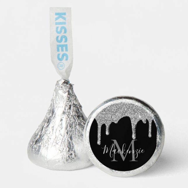 Silver Black Sparkle Dripping Glitter Monogram Hershey®'s Kisses® (Front)