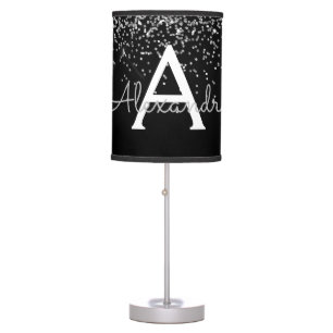 Silver Black Sparkle Glitter Monogram Name Initial Table Lamp