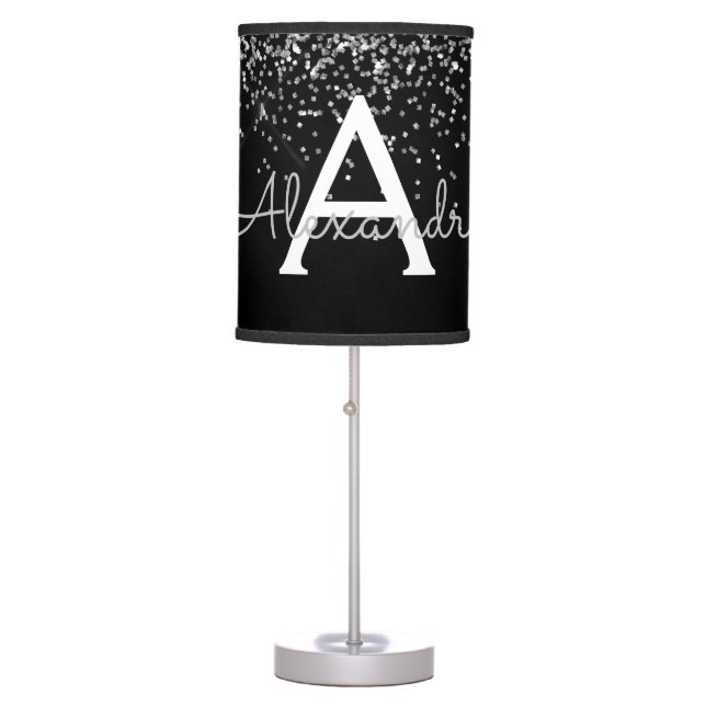 Silver Black Sparkle Glitter Monogram Name Initial Table Lamp (Front)
