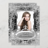 Silver Black Sparkle Jewel Snowflake Quinceanera Invitation (Front/Back)