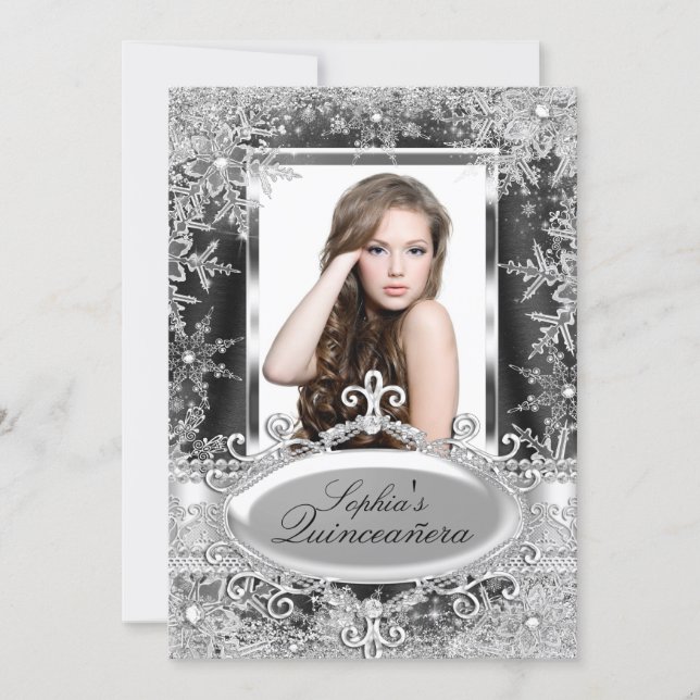 Silver Black Sparkle Jewel Snowflake Quinceanera Invitation (Front)