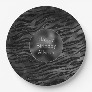 Silver Black Sparkle Zebra Print Paper Plates