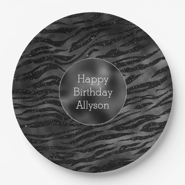 Silver Black Sparkle Zebra Print Paper Plates (Front)