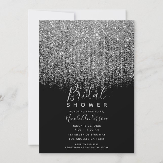 Silver & Black Sparkly Glitter Bridal Shower  Invitation (Front)