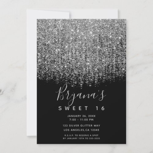 Silver  Black Sparkly Glitter Sweet 16 Party  Invitation