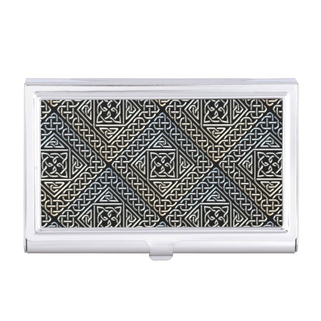 Silver Black Square Shapes Celtic Knotwork Pattern Business Card Case (Front)