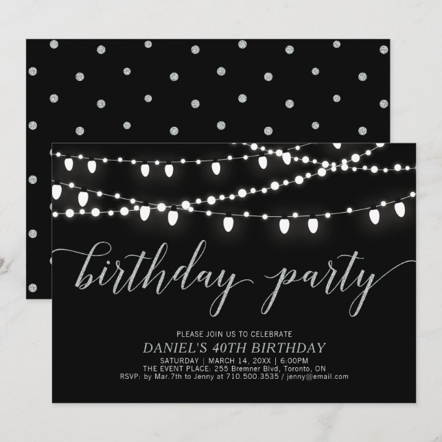 Silver & Black String Lights Adult Birthday Party Invitation (Front/Back)
