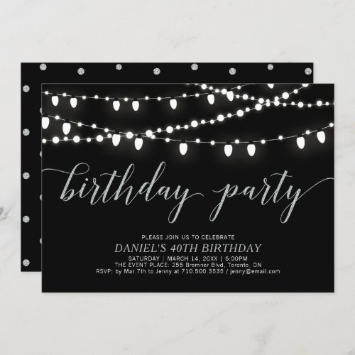 Silver  Black String Lights Adult Birthday Party Invitation