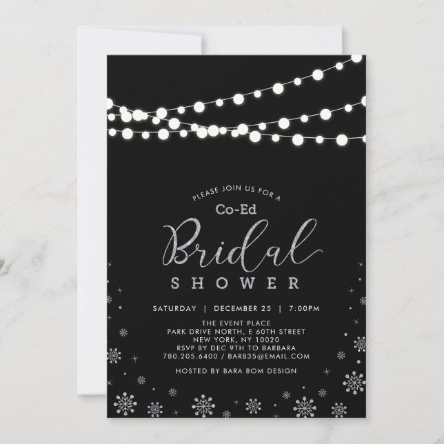 Silver & Black | String Lights Co-ed Bridal Shower Invitation (Front)
