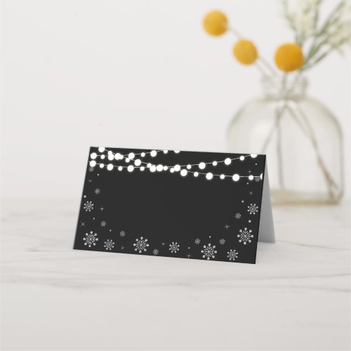 Silver  Black String Lights Winter Wedding Shower Place Card