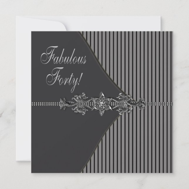 Silver Black Stripe Womans 40th Birthday Party Invitation (Front)