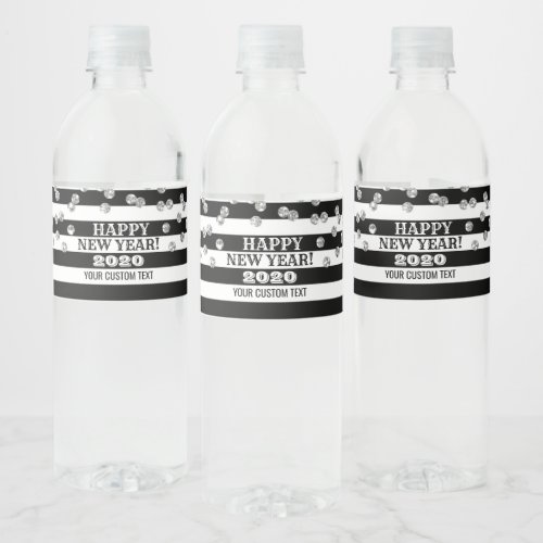Silver Black Stripes Custom Happy New Year Water Bottle Label