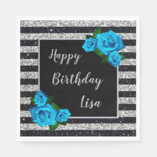 Silver Black Stripes Glitter Blue Roses Birthday Napkins