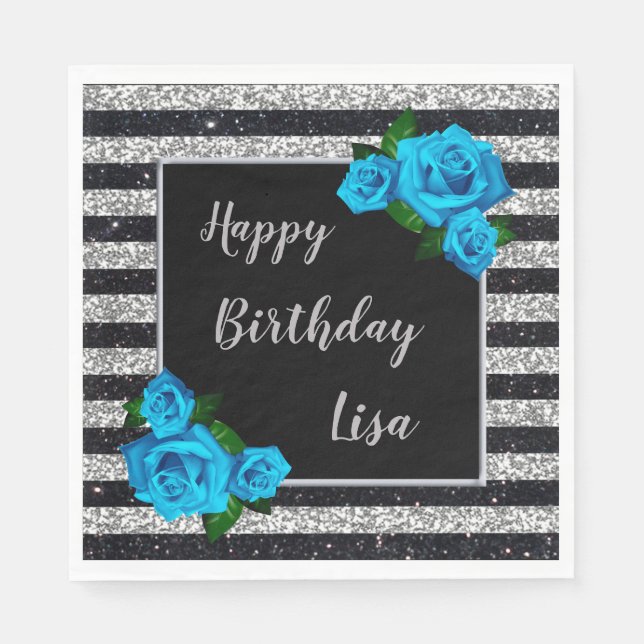 Silver Black Stripes Glitter Blue Roses Birthday Napkins (Front)