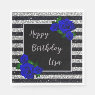 Silver Black Stripes Glitter Deep Blue Roses Napkins