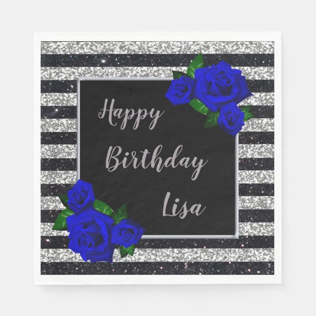 Silver Black Stripes Glitter Deep Blue Roses Napkins (Front)