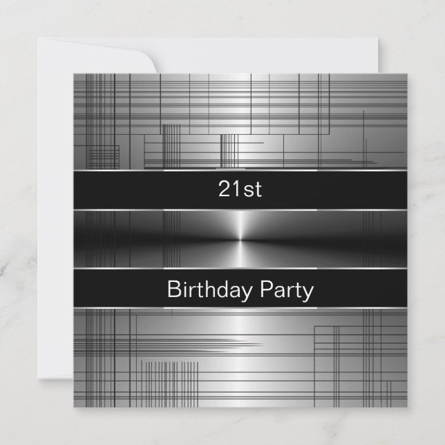 Silver Black Stripes Mans 21st Birthday Party Invitation (Front)