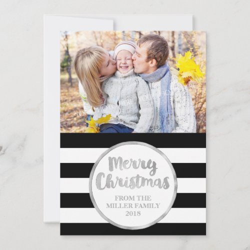 Silver Black Stripes Merry Christmas Photo Card