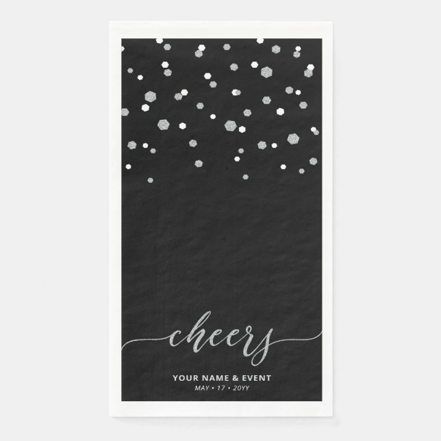 Silver Black Stylish Script Confetti Cheers Party Paper Guest Towels (Front)