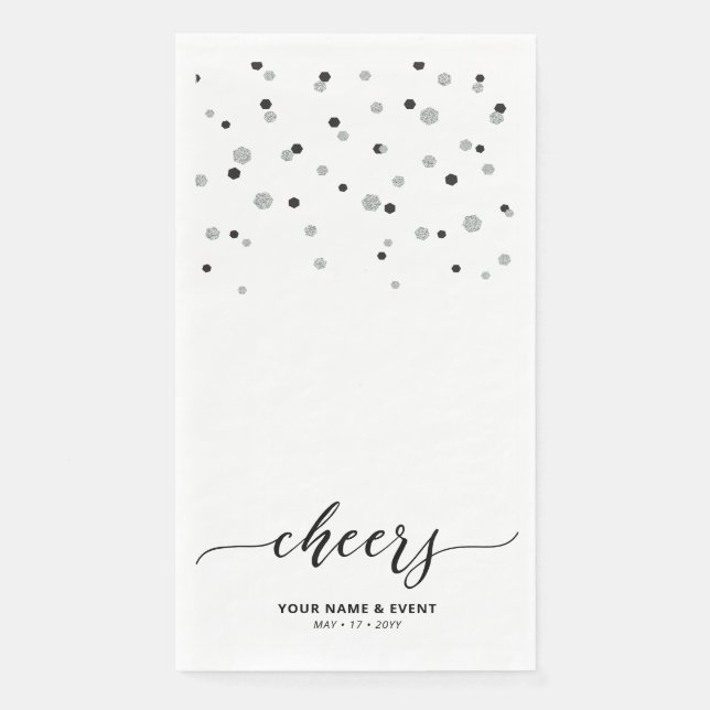Silver Black Stylish Script Confetti Cheers Party Paper Guest Towels (Front)