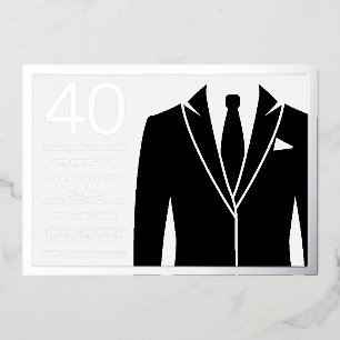 Silver & Black Suit & Tie 40th Birthday Party Foil Invitation