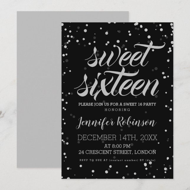 Silver Black Sweet 16 Glitter Sparkle Confetti Invitation (Front/Back)