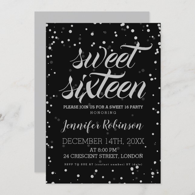 Silver Black Sweet 16 Glitter Sparkle Confetti Invitation (Front/Back)