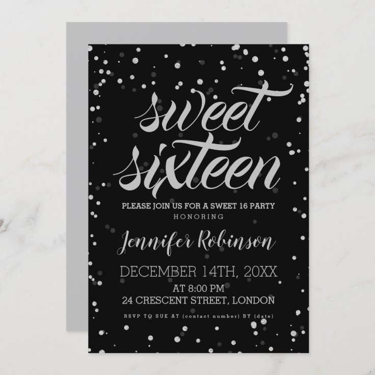 Silver Black Sweet 16 Glitter Sparkle Confetti Invitation | Zazzle