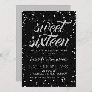 Silver Black Sweet 16 Glitter Sparkle Confetti Invitation