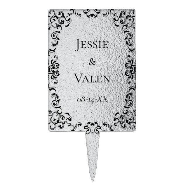 Silver & Black Swirl Gothic Wedding Cake Topper (Front)