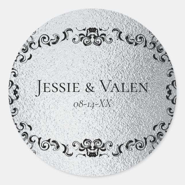 Silver & Black Swirl Gothic Wedding Classic Round Sticker (Front)