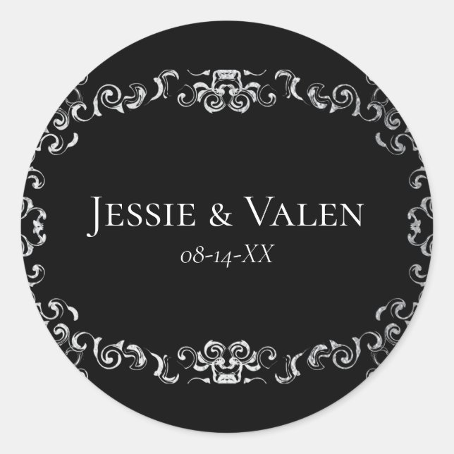 Silver & Black Swirl Gothic Wedding Classic Round Sticker (Front)