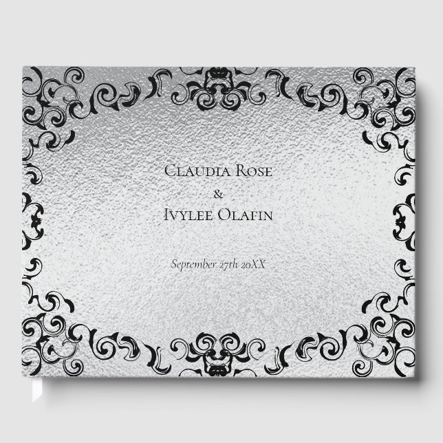 Silver & Black Swirl Gothic Wedding Guest Book (Front)