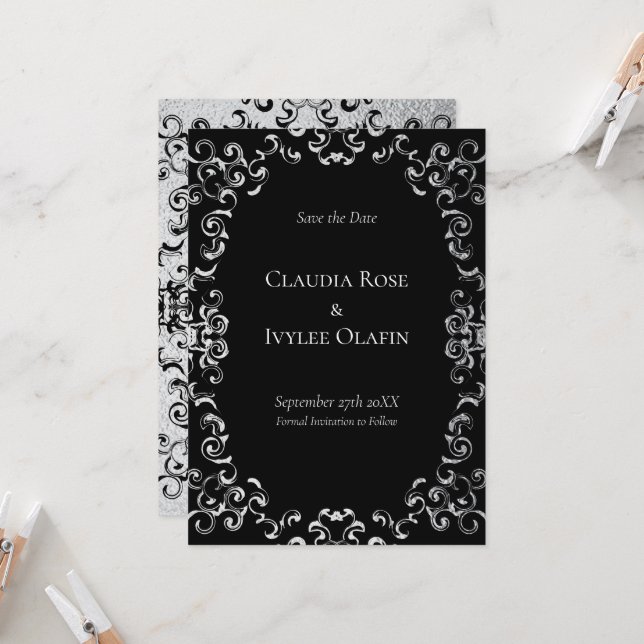 Silver & Black Swirl Gothic Wedding Invitation (Front/Back In Situ)