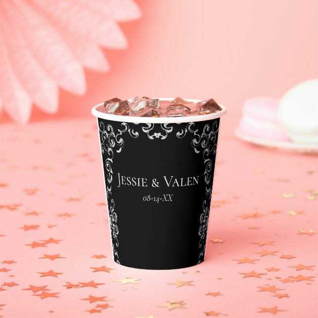 Silver & Black Swirl Gothic Wedding Paper Cups (Insitu)