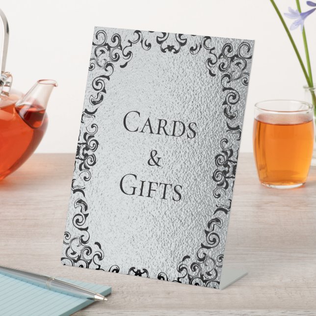 Silver Black Swirl Gothic Wedding Pedestal Sign (In SItu)