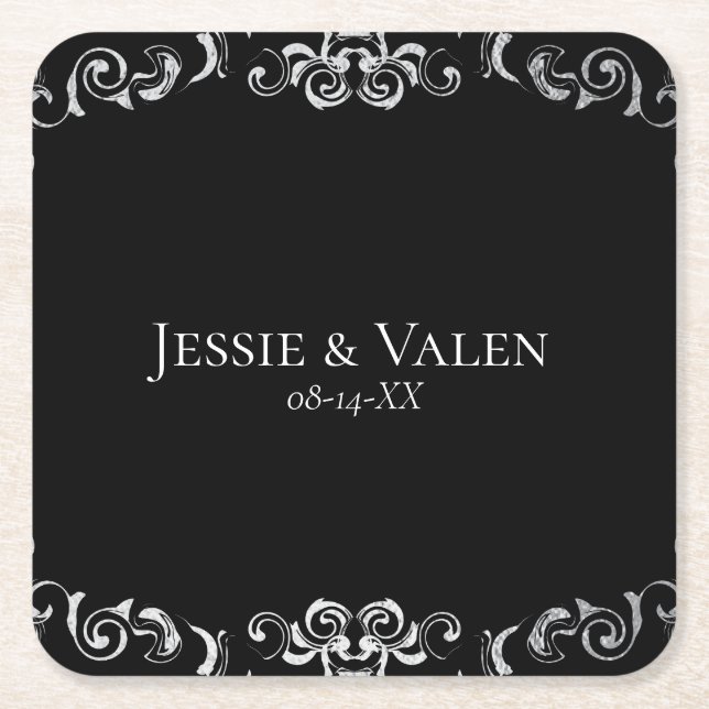 Silver & Black Swirl Gothic Wedding Square Paper Coaster (Front)
