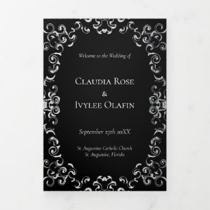 Silver & Black Swirl Gothic Wedding Tri-Fold Program