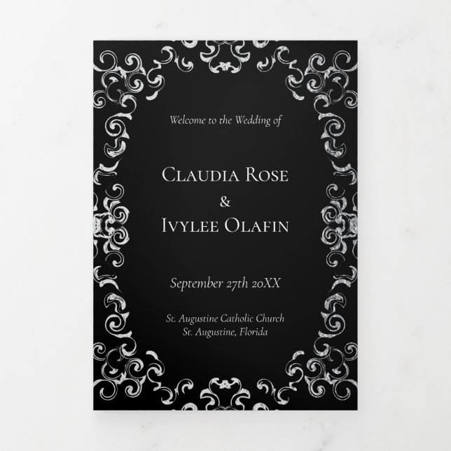 Silver & Black Swirl Gothic Wedding Tri-Fold Program (Cover)