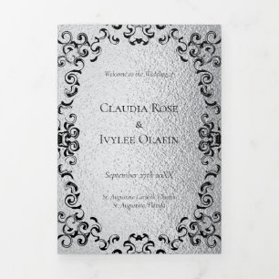 Silver & Black Swirl Gothic Wedding Tri-Fold Program