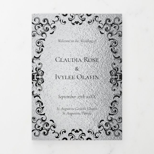 Silver & Black Swirl Gothic Wedding Tri-Fold Program (Cover)