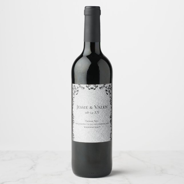 Silver & Black Swirl Gothic Wedding Wine Label (Front)