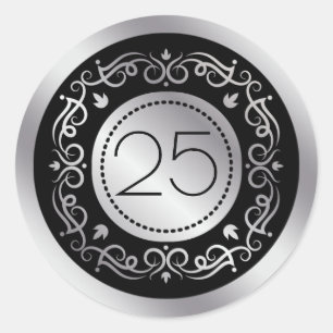 Silver black swirls 25th Wedding Anniversary Classic Round Sticker
