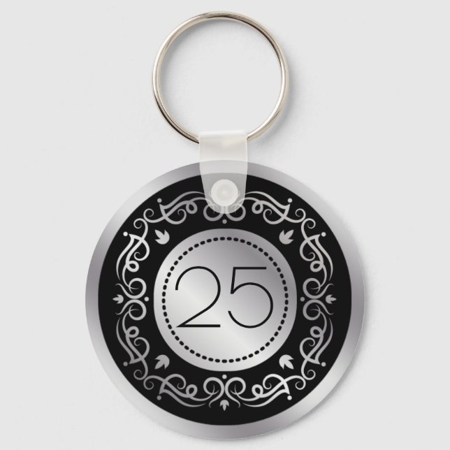 Silver black swirls 25th Wedding Anniversary Keychain (Front)