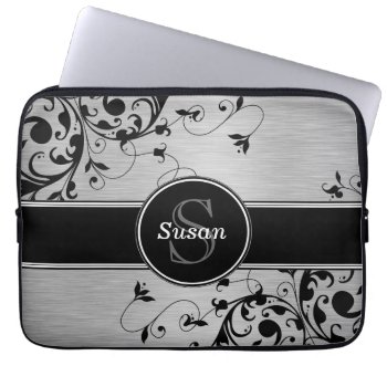 Silver Black Swirls Your Monogram Laptop Sleeve by iPhoneCaseGallery at Zazzle