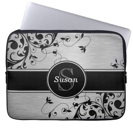 Silver Black Swirls Your Monogram Laptop Sleeve