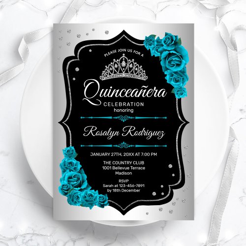 Silver Black Teal Quinceanera Invitation